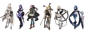 6+girls absurdres armor armpits bad_id bad_twitter_id bare_shoulders black_footwear black_ribbon black_scarf blonde_hair blue_legwear blue_skirt boots braid braided_bangs breasts brown_footwear brown_gloves brown_hair brown_panties cape capelet chain cleavage closed_mouth commentary_request cross drag-on_dragoon drag-on_dragoon_3 dress facial_mark five_(drag-on_dragoon) flower forehead_mark four_(drag-on_dragoon) gauntlets gloves green_cape green_eyes hair_between_eyes hair_ornament hair_ribbon hairband high_heel_boots high_heels highres holding holding_sword holding_weapon hood hood_down hooded_cape huge_weapon kotatsu_(g-rough) latin_cross long_hair looking_at_viewer medium_breasts armored_boots mikhail_(drag-on_dragoon) miniskirt mole mole_under_eye multiple_girls navel one_(drag-on_dragoon) one_side_up panties pantyhose parted_lips pauldrons pink_eyes purple_dress purple_eyes purple_footwear purple_hair red_eyes ribbon scarf scissors shield short_dress shoulder_armor siblings simple_background single_braid single_gauntlet sisters skirt smile standing sword thigh_boots thighhighs three_(drag-on_dragoon) two_(drag-on_dragoon) underwear vest weapon white_background white_capelet white_dress white_flower white_footwear white_hair white_legwear yellow_eyes zero_(drag-on_dragoon)
