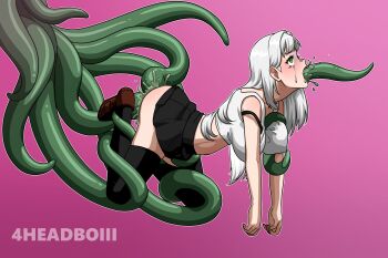 4headboiii all_the_way_through anal all_the_way_through broken crying crying_with_eyes_open dangling_arms double_penetration highres limp_arms original skirt tears tentacles thighhighs vaginal white_hair