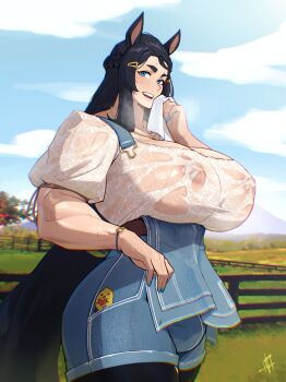 1futa absurdres animal_ears anna-belle_(popsicleheart) bird black_hair black_tail blue_eyes blue_nails blue_overalls blue_sky blush bracelet braid breasts bulge commentary cowboy_shot english_commentary fence futanari grass hair_ornament hairclip half_up_braid highres horse_ears horse_girl horse_tail huge_breasts jewelry large_areolae looking_at_viewer necklace nipples no_bra okasbasement original outdoors overall_shorts overalls overalls_pull puffy_short_sleeves puffy_sleeves see-through_clothes see-through_shirt shirt short_sleeves sidelocks sky smile solo sweat tail teeth thick_eyebrows unfastened upper_teeth_only wiping_face