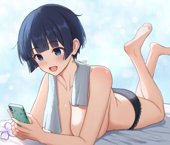 1girl :d barefoot bed bed_sheet black_hair black_panties blue_background blue_eyes blunt_bangs blunt_ends blush bob_cut breasts cellphone cleavage collarbone commentary_request feet highres large_breasts lying on_bed on_stomach open_mouth panties phone senran_kagura senran_kagura_burst senran_kagura_burst_re:newal senran_kagura_estival_versus senran_kagura_new_link senran_kagura_shinovi_versus short_hair smartphone smile soles solo surippa1010 the_pose toes topless_female towel towel_around_neck twitter_username underwear yozakura_(senran_kagura)