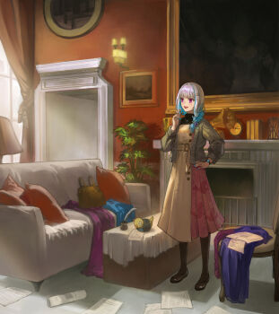 1girl blue_nails clock couch curtains cushion fireplace highres imageprogram_(kent) indoors lize_helesta nijisanji papers phonograph pink_eyes plant portrait quill table virtual_youtuber white_hair