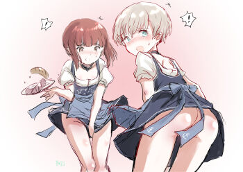 ! 2girls absurdres anchor_symbol barmaid blue_dress blue_eyes brown_eyes brown_hair convenient_censoring dirndl dress food fuji_(pixiv24804665) german_clothes grey_hair highres kantai_collection leaning_forward looking_at_viewer looking_back multiple_girls no_panties official_alternate_costume pinafore_dress puffy_short_sleeves puffy_sleeves sausage shirt short_hair short_sleeves simple_background sleeveless sleeveless_dress waitress white_background white_shirt z1_leberecht_maass_(kancolle) z1_leberecht_maass_(oktoberfest)_(kancolle) z3_max_schultz_(kancolle)