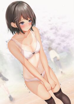 Rule 34 | 1girl, black hair, black thighhighs, blush, bow, bow bra, bow panties, bra, breasts, closed mouth, commentary request, day, dutch angle, embarrassed, exhibitionism, feet out of frame, fishnet thighhighs, fishnets, grey eyes, hair ornament, highres, large breasts, large variant set, minato ojitan, motion lines, navel, original, outdoors, panties, parted bangs, public indecency, short hair, solo, standing, stomach, tan, tanline, thighhighs, trembling, underwear, underwear only, variant set, white bra, white panties, x hair ornament