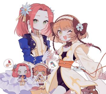 Rule 34 | 2girls, ?, absurdres, black bodysuit, black bow, blue jacket, blush, bodysuit, bow, brown hair, chibi, chibi inset, coat, commentary request, cropped jacket, dress, eating, eleanor hume, fingerless gloves, flower, frilled dress, frills, gloves, green eyes, hair bow, hair flower, hair intakes, hair ornament, hairband, highres, holding, holding plate, in-franchise crossover, jacket, leia rolando, long hair, looking at viewer, multiple girls, nancykittyu, notice lines, one eye closed, open mouth, orange hair, plate, short hair, simple background, smile, sparkling eyes, spoken animal, spoken food, steepled fingers, tales of (series), tales of berseria, tales of xillia, twintails, white background, white coat, white dress, white gloves