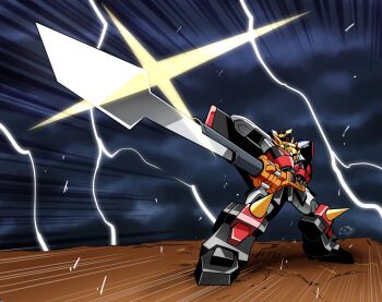armor clenched_hands dividing_driver drill fujisawa_naoyuki gaogaigar holding lightning looking_at_viewer mecha no_humans robot science_fiction solo standing sunrise_stance super_robot v-fin weapon wings yuusha_ou_gaogaigar yuusha_series