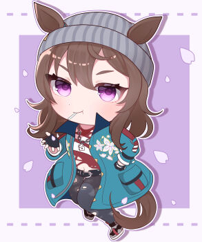 1girl absurdres animal_ears beanie belt black_belt black_gloves blue_coat blush brown_hair candy chibi chibi_only closed_mouth coat commentary_request denim dice dice_necklace dice_pendant ears_through_headwear fingerless_gloves food gloves grey_hat hair_between_eyes hat highres horse_ears horse_girl horse_tail jacket jeans jewelry kurumiya_(krmy_p) lollipop lollipop_in_mouth long_hair long_sleeves looking_at_viewer nakayama_festa_(shichuukyuukatsu)_(umamusume) nakayama_festa_(umamusume) navel necklace open_clothes open_coat pants purple_eyes shirt smile solo tail torn_clothes torn_jeans torn_pants torn_shirt umamusume