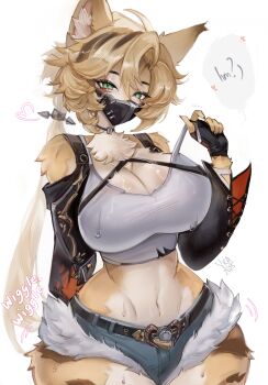 1girl animal_ear_fluff animal_ears belt black_belt blonde_hair blue_shorts body_fur breasts cat_ears cat_girl cat_tail choker cleavage commentary cowboy_shot crop_top curtained_hair cutoffs english_commentary furry furry_female gloves green_eyes heart highres holding_strap large_breasts long_hair looking_at_viewer mask mouth_mask navel ponytail pulchra_fellini shirt shorts simple_background solo spiked_hair_ornament stomach sweat tail white_background white_shirt yellow_fur yka zenless_zone_zero