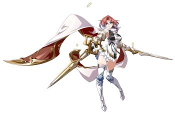 Rule 34 | 1girl, armpits, asymmetrical dual wielding, aura, belt, black ribbon, black shorts, blue eyes, boots, breasts, cape, curtained hair, detached sleeves, dress, dual wielding, elbow gloves, floating cape, frilled dress, frills, full body, game cg, gloves, gold aura, gold belt, gold trim, grin, hair between eyes, highres, holding, holding sword, holding weapon, knee boots, knee guards, langrisser, langrisser mobile, leg up, long sidelocks, looking at viewer, medium breasts, medium hair, multicolored cape, multicolored dress, multiple swords, multiple weapons, official art, precia (langrisser), puffy sleeves, red cape, red hair, ribbon, second-party source, short dress, short shorts, shorts, side slit, sidelocks, simple background, sleeveless, sleeveless dress, smile, solo, standing, standing on one leg, sword, tachi-e, thighhighs, transparent background, two-tone cape, weapon, white boots, white cape, white dress, white gloves, white thighhighs, zettai ryouiki