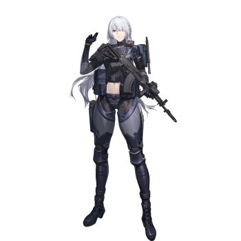 Rule 34 | 1girl, ak-15, ak-15 (girls' frontline), armor, assault rifle, black boots, boots, buckle, closed mouth, elbow gloves, full body, game cg, girls' frontline, girls' frontline 2: exilium, gloves, grey hair, gun, hair between eyes, hair over one eye, highres, holding, holding gun, holding weapon, kalashnikov rifle, knee pads, knife, knife sheath, long hair, looking at viewer, navel, official art, pouch, purple eyes, rifle, serious, sheath, solo, standing, tactical clothes, thigh boots, thighhighs, thighs, third-party source, transparent background, voymastina (girls' frontline 2), weapon, yitiao er-hua