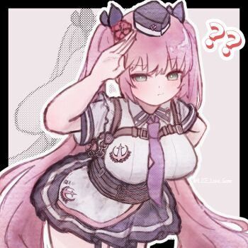 Rule 34 | 1girl, ?, alice love game, blush, breasts, cowboy shot, flower, goddess of victory: nikke, green eyes, hair flower, hair ornament, hat, highres, large breasts, long hair, looking at viewer, pink hair, police, police uniform, policewoman, pout, quiry (nikke), salute, shirt, short sleeves, skirt, thighhighs, twintails, very long hair, white shirt