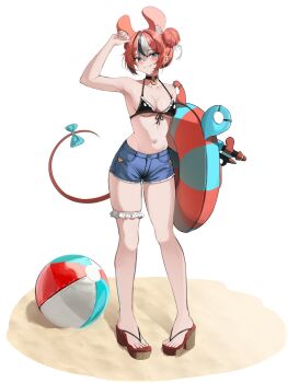 1girl alternate_costume animal_ears ball beachball bikini bikini_top_only black_bikini black_choker black_streaks blue_eyes blue_shorts bow breasts choker denim denim_shorts feet flip-flops full_body hair_bun hakos_baelz hand_up highres holding holding_swim_ring hololive hololive_english innertube looking_at_viewer mata_tab1 medium_breasts mouse_ears mouse_girl mouse_tail multicolored_hair navel platform_sandals red_hair sand sandals short_shorts shorts solo standing swim_ring swimsuit tail tail_bow tail_ornament toes virtual_youtuber white_background white_hair