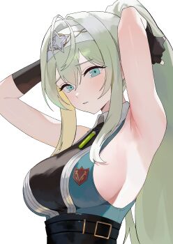 1girl absurdres adjusting_hair armpits arms_up belt black_belt black_gloves blush breasts collared_dress commentary commission dress epic_seven fingerless_gloves gloves green_dress green_eyes green_hair hair_between_eyes hair_intakes hands_in_own_hair head_tilt headband highres jewelry large_breasts long_hair looking_at_viewer nbee_ya necklace parted_lips politis_(epic_seven) ponytail sideboob sideless_dress sidelocks solo upper_body very_long_hair vial white_background