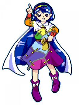 1girl bad_id bad_twitter_id belt blue_cape blue_hair blue_outline blush_stickers boots bow brown_belt cape cloud_print collared_cape commentary commission dress english_commentary footwear_bow full_body glowing hairband hand_on_own_hip highres long_sleeves looking_at_viewer luo_qiangwei medium_dress multicolored_dress multicolored_hairband open_mouth outline parody patchwork_clothes pc-98_(style) pixel_art pointing pointing_up purple_boots purple_eyes rainbow_gradient sack short_hair sky_print smile solo sparkle style_parody tenkyuu_chimata touhou transparent_background two-sided_cape two-sided_fabric white_bow white_cape