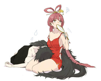 1boy 1girl aqua_nails backless_outfit bare_shoulders black_hair black_pants blue_eyes blush breasts chinese_clothes collarbone covered_mouth dudou fan_to_mouth hair_ornament hair_rings hair_stick hand_fan hand_in_pocket hand_up holding holding_fan hot judal lap_pillow long_hair looking_to_the_side looking_up magi_the_labyrinth_of_magic medium_breasts nail_polish outstretched_arm pants red_hair red_shorts ren_kougyoku seiza shorts sideboob simple_background sitting squiggle strap_slip sweat sweatdrop tama_(mgml) topless_male twintails very_long_hair white_background