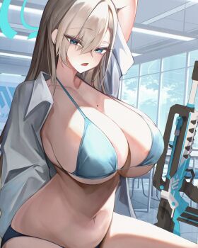 1girl :o absurdres arm_up assault_rifle asuna_(blue_archive) bikini blonde_hair blue_archive blue_bikini blue_eyes blue_halo breasts bullpup classroom curvy famas gun halo highres huge_breasts indoors long_hair looking_at_viewer miisang47 mole mole_on_breast navel open_clothes open_shirt rifle shirt sitting solo stomach swimsuit very_long_hair weapon white_shirt window