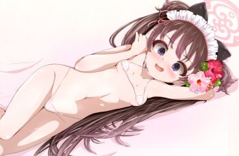 1girl @_@ arm_behind_head arm_up bed bikini blue_archive blush breasts brown_hair collarbone constricted_pupils embarrassed eyelashes feet_out_of_frame female_focus flower flower_on_head halo hand_up loli long_hair lying micro_bikini navel nervous nervous_smile on_bed on_side open_mouth pink_halo purple_eyes shizuko_(blue_archive) small_breasts smile solo swimsuit twintails variant_set white_bikini yuzukiaz