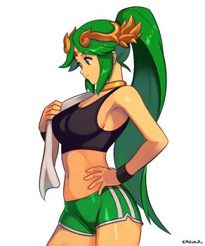 1girl absurdres bare_shoulders black_sports_bra breasts circlet closed_mouth commentary english_commentary forehead_jewel gold_collar green_eyes green_hair green_shorts hair_ornament highres holding holding_towel kid_icarus kid_icarus_uprising large_breasts long_hair navel nintendo over_shoulder palutena ponytail shorts simple_background smgold smile solo sports_bra stomach towel very_long_hair white_background wristband