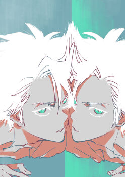 1boy against_mirror bleach bleach:_sennen_kessen-hen green_eyes hair_between_eyes highres hitsugaya_toushirou kubo_tite looking_at_viewer lying male_focus mirror official_alternate_costume official_art parted_lips portrait reflection shirt short_hair white_hair