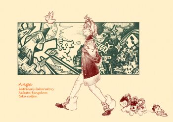 Rule 34 | 1girl, ange katrina, ange katrina (1st costume), animal, ankle boots, arms behind back, banken (inui toko), bird, boots, cat, character name, closed mouth, coat, commentary request, creature, creature on head, crescent moon, dog, dragging, dragon, english text, from side, full body, highres, looking ahead, mandragora, mandragora (ange katrina), medium hair, moon, moon with face, multiple monochrome, nijisanji, off shoulder, sebastian piyodore, shou-star, smile, sparkle, stippling (texture), sun, sun with face, tower, virtual youtuber, walking