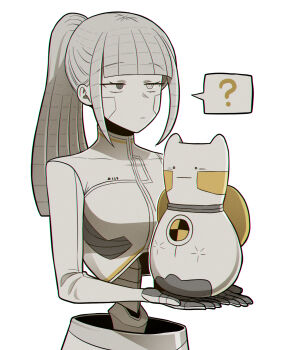 ... 1girl albina_(project_moon) android cable_hair commentary_request grey_eyes grey_hair heterochromia high_ponytail highres korean_commentary limbus_company lobotomy_corporation long_hair misg1111 ponytail project_moon sidelocks simple_background solo spoken_ellipsis standard_training-dummy_rabbit standing white_background white_eyes