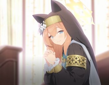 1girl 9ml animal_ear_headwear armlet black_dress black_veil blue_archive blue_eyes blurry blurry_background blush bokeh bracelet church closed_mouth depth_of_field dress fake_animal_ears flower frilled_sleeves frills from_side game_asset gold_armlet gold_bracelet hair_flower hair_ornament halo highres indoors jewelry leaf_hair_ornament long_hair long_sleeves looking_at_viewer mari_(blue_archive) non-web_source nun official_art orange_hair own_hands_clasped own_hands_together praying puffy_sleeves self-datamine smile solo sunlight upper_body veil white_flower window yellow_halo