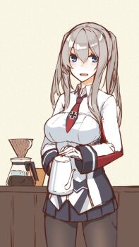 10s 1girl :d bad_id bad_pixiv_id black_pantyhose blue_eyes breasts coffee_pot female_focus gloves graf_zeppelin_(kancolle) grey_hair kantai_collection large_breasts mikoto_(oi_plus) necktie no_headwear open_mouth pantyhose pleated_skirt skirt smile solo teapot teeth twintails white_gloves