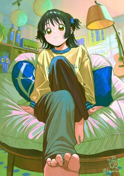 1girl absurdres artist_name barefoot black_hair black_pants blush brown_eyes closed_mouth couch eyelashes feet foreshortening guitar highres indoors instrument kagenoyuhi knee_up lamp long_sleeves looking_at_viewer medium_hair on_couch original pants pillow plant potted_plant radio shirt signature sitting soles solo spread_toes toenails toes twitter_username two_side_up yellow_shirt
