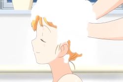 2girls age_difference animated anime_screenshot ass back backboob bath bathroom blonde_hair blush breast_hold breasts brown_eyes brown_hair convenient_censoring flat_chest hinako_(issho_ni_training) hiyoko_(issho_ni_training) huge_breasts issho_ni_training leg_lift legs legs_up loli multiple_girls onee-loli shower shower_head soap soap_bubbles soap_censor sound steam tagme underboob video washing water yuri