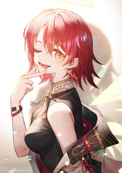 1girl arknights bare_shoulders black_shirt bloom breasts commentary detached_wings earrings english_commentary exusiai_(arknights) from_side halo hand_up highres jewelry lens_flare light_particles looking_at_viewer medium_breasts mixed-language_commentary necklace off_shoulder one_eye_closed open_mouth orange_eyes red_hair shadow shirt sho_(sumika) short_hair sleeveless sleeveless_shirt smile solo tongue tongue_out turning_head upper_body watermark wings yellow_halo