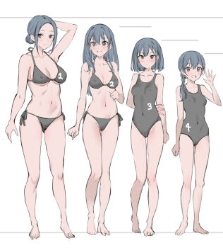 1girl age_progression arm_up bikini black_bikini black_one-piece_swimsuit blue_eyes blue_hair blush bob_cut breasts cameltoe collarbone commentary_request covered_erect_nipples covered_navel covered_pussy full_body gluteal_fold groin hair_bun halterneck highres looking_at_viewer medium_breasts multiple_views navel number_print one-piece_swimsuit original ponytail pukara side-tie_bikini_bottom simple_background standing swimsuit thigh_gap white_background
