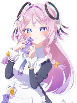 1girl absurdres alternate_costume apron black_dress blue_eyes blush citlali_(genshin_impact) closed_mouth commentary dress facial_mark floating_headgear forehead_mark frilled_apron frills genshin_impact gradient_hair hair_ornament hairclip hands_up hashtag-only_commentary headgear highres kokoaji_(koko_aj1) long_hair long_sleeves looking_at_viewer multicolored_hair pink_hair pink_pupils purple_hair simple_background smile solo triangle triangle_facial_mark very_long_hair white_apron white_background