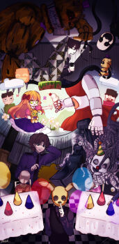 1girl 3boys 6+others :d arm_behind_back arm_behind_head artist_name bad_id bad_tumblr_id balloon bear behind_another black_necktie black_sclera black_vest blood blood_on_teeth blue_eyes bow bowtie bright_pupils brown_hair buck_teeth bug butterfly cable chair character_doll checkered_floor cherry child circus_baby_(fnaf) cloud clown_nose colored_sclera commentary corpse crying_child_(fnaf) dark death doll elevator_shaft elizabeth_afton english_commentary ennard extra_eyes family finger_to_mouth five_nights_at_freddy's five_nights_at_freddy's:_sister_location five_nights_at_freddy's_4 flashlight flashlight_beam floating flower food frayed_cable fredbear_(fnaf) frilled_skirt frills fruit giving green_eyes grey_shirt hair_bow half-closed_eyes hat highres hiji_(hijichan) holding holding_doll holding_flashlight holding_food holding_ice_cream holding_ice_cream_cone horror_(theme) ice_cream ice_cream_cone insect long_hair long_sleeves mask michael_afton mini_hat mini_top_hat monitor multiple_boys multiple_others necktie nightmare_fredbear nightmarionne nosebleed open_mouth orange_hair parted_lips partially_shaded_face party_hat picture_frame pink_eyes pink_shirt pinky_out purple_bow purple_bowtie purple_headwear purple_shirt purple_skirt rabbit_mask reaching red_bow red_eyes red_skirt robot sharp_teeth shirt short_hair short_sleeves shushing sitting skirt smile spoilers spring_bonnie_(fnaf) stuffed_toy sweatdrop table tablecloth teeth tentacles top_hat under_covers upside-down vanilla vest white_flower white_pupils william_afton yellow_eyes