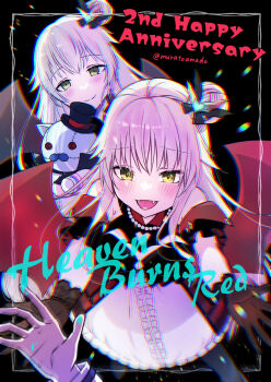2girls :d anniversary bare_shoulders bat_hair_ornament bat_wings black_background black_shirt blush brown_gloves brown_hair center_frills charlotta_skopovskaya closed_mouth commentary_request copyright_name eyelashes fangs female_pov frilled_skirt frills gloves hair_between_eyes hair_bun hair_ornament hat heaven_burns_red highres holding holding_stuffed_toy incoming_hug kayamori_ruka long_hair looking_at_viewer multiple_girls muratoamado off-shoulder_shirt off_shoulder official_alternate_costume open_mouth pov pov_hands shirt sidelocks simple_background single_side_bun skirt slit_pupils smile solo_focus split_mouth stuffed_animal stuffed_cat stuffed_toy sweat top_hat tsurime twitter_username vampire white_skirt wings yellow_eyes