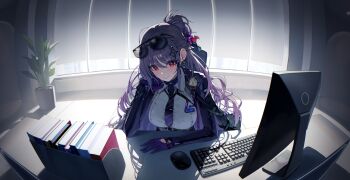 1girl backlighting bookshelf breasts collared_shirt computer_keyboard computer_mouse desk diagonal-striped_clothes diagonal-striped_necktie diamond-shaped_pupils diamond_(shape) diamond_hair_ornament earrings eyewear_on_head flower_hairpin game_cg gloves hair_between_eyes hair_ornament hand_on_own_face highres indoors jewelry kirima_ruka large_breasts long_hair looking_at_viewer monitor necktie non-web_source plant poker_fate potted_plant purple_gloves purple_hair purple_necktie red_eyes shirt silhouette solo striped_clothes sunglasses symbol-shaped_pupils tie_clip white_shirt window_blinds window_shadow wireless_keyboard wireless_mouse