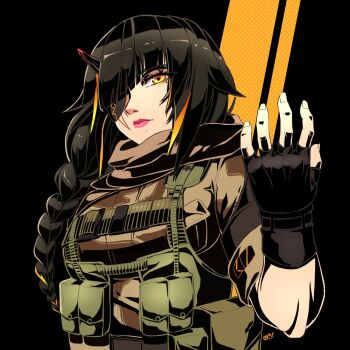 Rule 34 | alternate costume, black background, blanace, braid, braided ponytail, brown hair, commission, cosplay, crossover, eyepatch, fingerless gloves, girls' frontline, gloves, highres, horns, lips, long hair, m16a1 (girls' frontline), metal gear (series), metal gear solid v: the phantom pain, military, military uniform, multicolored hair, ponytail, scar, scar across eye, scar on face, simple background, single horn, streaked hair, tactical clothes, venom snake, venom snake (cosplay), yellow eyes