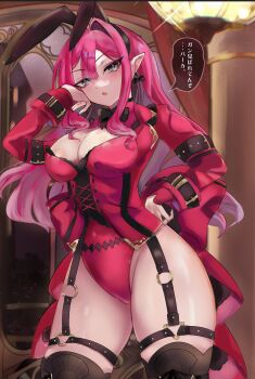 1girl absurdres animal_ears baobhan_sith_(fate) black_thighhighs blush breasts cleavage cleavage_cutout clothing_cutout fake_animal_ears fate/grand_order fate_(series) grey_eyes hand_on_own_hip hand_up highres jacket klash large_breasts leotard long_hair long_sleeves looking_at_viewer open_mouth pink_hair pink_jacket pink_leotard playboy_bunny pointy_ears rabbit_ears sidelocks solo speech_bubble thighhighs thighs translation_request