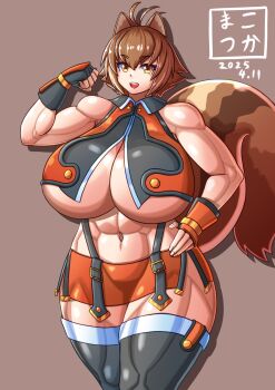 1girl :d abs ahoge animal_ears arc_system_works artist_name black_thighhighs blazblue blazblue:_continuum_shift breasts brown_eyes brown_hair cleavage commentary_request cowboy_shot crop_top dated female_focus flexing gauntlets hand_on_own_hip highres huge_breasts looking_at_viewer makoto_nanaya microskirt midriff muscular muscular_female navel open_mouth orange_skirt poyozodoll revealing_clothes short_hair signature simple_background skirt smile solo squirrel_ears squirrel_girl squirrel_tail tail teeth thick_thighs thighhighs thighs underboob upper_teeth_only wide_hips