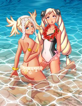 2girls absurdres alternate_costume ass barefoot beach bikini blonde_hair blue_eyes breasts butt_crack covered_erect_nipples covered_navel elise_(fire_emblem) elise_(tropical_flower)_(fire_emblem) fire_emblem fire_emblem_awakening fire_emblem_fates flower flower_necklace frilled_bikini frills highres imo_karubi jewelry lei lissa_(fire_emblem) long_hair medium_breasts multiple_girls necklace nintendo ocean official_alternate_costume one-piece_swimsuit partially_submerged purple_eyes strapless strapless_bikini swimsuit tan water yellow_bikini