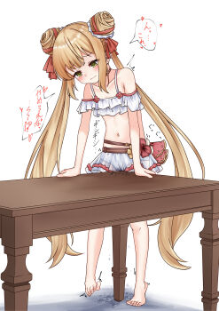 1girl absurdres bare_shoulders barefoot bikini blonde_hair blush closed_mouth crotch_rub double_bun female_focus female_masturbation flat_chest green_eyes hair_bun heart highres loli long_hair luna_(shadowverse) masturbation navel pussy_juice shadowverse solo speech_bubble swimsuit table_humping toes translation_request trembling tsubakipan twintails very_long_hair white_background