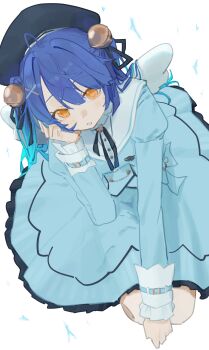 1girl absurdres ahoge amamiya_kokoro bell black_hat black_ribbon blue_dress blue_hair blush commentary_request dress frilled_dress frilled_sleeves frills hair_bell hair_between_eyes hair_intakes hair_ornament hair_ribbon hand_up hat highres long_hair long_sleeves lupinu5 neck_ribbon nijisanji parted_lips ribbon simple_background transparent_background virtual_youtuber yellow_eyes