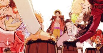 Rule 34 | 2girls, 6+boys, ^ ^, black gloves, black kimono, blonde hair, brook (one piece), cigarette, clenched teeth, closed eyes, coat, coat on shoulders, commentary request, cup, formal clothes, franky (one piece), gloves, green hair, haori on shoulders, hat, highres, holding, holding cup, japanese clothes, jinbe (one piece), kimono, korean commentary, long sleeves, mnnd, monkey d. luffy, multiple boys, multiple girls, nami (one piece), nico robin, one piece, open mouth, orange shorts, out of frame, ponytail, purple sash, red shirt, roronoa zoro, sanji (one piece), sash, scar, scar on chest, scar on face, shirt, shorts, simple background, smile, straw hat, straw hat pirates, suit, teeth, tony tony chopper, usopp, white background