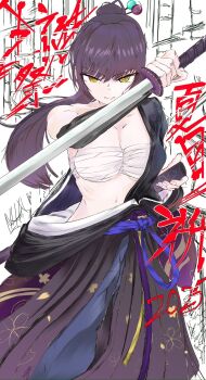 Rule 34 | 1girl, black hair, blunt bangs, breasts, chest sarashi, cleavage, green eyes, heaven burns red, highres, immotalto, long hair, medium breasts, natsume inori, ponytail, ribbon, sarashi, solo, sword, weapon