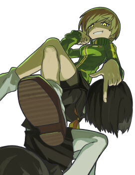 Rule 34 | 2girls, absurdres, bike shorts, bike shorts under skirt, black hair, black sailor collar, black serafuku, black skirt, breasts, brown footwear, brown hair, crossed legs, green jacket, highres, jacket, long sleeves, looking at viewer, medium breasts, multiple girls, persona, persona 4, pleated skirt, sach56000, sailor collar, satonaka chie, school uniform, serafuku, shadow chie, shoes, short hair, simple background, sitting, sitting on person, skirt, socks, white background, white socks, yellow eyes