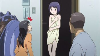 1boy 2girls indoors kamisama_dolls multiple_girls towel