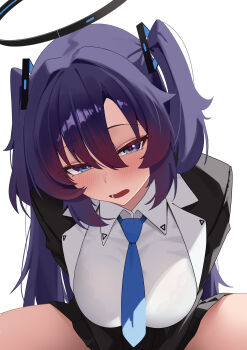 1girl absurdres blue_archive blue_eyes blue_halo blue_necktie blush breasts collared_shirt hair_between_eyes halo highres huge_breasts mcbox necktie open_mouth red_pupils shirt simple_background solo spread_legs white_background white_shirt yuuka_(blue_archive)