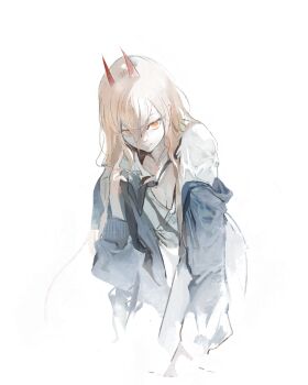 1girl absurdres blonde_hair blue_jacket breasts chainsaw_man cleavage demon_girl demon_horns hair_between_eyes highres horns jacket kanji_(nievart) leaning_forward long_hair long_hair_between_eyes looking_at_viewer power_(chainsaw_man) red_horns shirt simple_background solo white_background white_shirt yellow_eyes