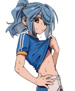 1boy blue_hair blue_shirt brown_eyes clothes_lift hair_over_one_eye hand_on_own_hip highres inazuma_eleven inazuma_eleven_(series) kazemaru_ichirouta lifting_own_clothes male_focus navel niniliuliu ponytail shirt shirt_lift shorts soccer_uniform solo sportswear sweat upper_body white_shorts