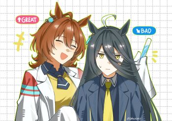 2girls agnes_tachyon_(tach-nology)_(umamusume) agnes_tachyon_(umamusume) animal_ears annoyed black_choker black_coat black_hair black_necktie blush brown_hair chemical_structure choker closed_eyes closed_mouth coat collared_shirt colored_sclera commentary contrast_collar ear_ornament ear_tag earrings emphasis_lines from_behind furrowed_brow grid_background hands_up highres holding holding_test_tube horse_ears horse_girl jewelry lab_coat long_hair long_sleeves manhattan_cafe_(creeping_shadow)_(umamusume) manhattan_cafe_(umamusume) medium_hair multiple_girls natsuki_(2917) necktie open_clothes open_coat open_mouth shirt short_necktie single_earring sleeves_past_fingers sleeves_past_wrists smile sweatdrop symbol-only_commentary test_tube twitter_username umamusume very_long_hair white_coat white_shirt wide_sleeves wolf_cut yellow_eyes yellow_necktie yellow_sclera