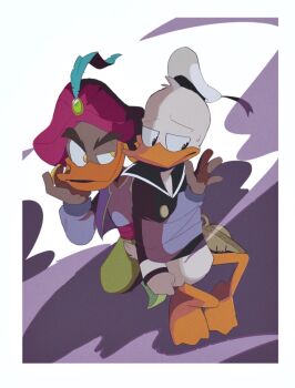 2boys arabian_clothes bamboo_617 bird closed_mouth donald_duck donald_duck_sailor_hat duck ducktales furrowed_brow furry furry_male gene_the_genie genie ghost half-closed_eyes hat intangible knees_apart_feet_together long_sleeves male_focus mickey_mouse_&amp;_friends multiple_boys oil_lamp sailor_collar sideways_glance smoke sweat thick_eyebrows turban yellow_eyes