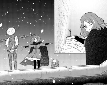 1boy 1girl 1other bangle bracelet brother_corhyn_(elden_ring) cape crack dress elden_ring goldmask_(elden_ring) greyscale jewelry ke_nekono loincloth long_sleeves mask melina_(elden_ring) monochrome one_eye_closed outdoors short_hair snowing standing t-pose